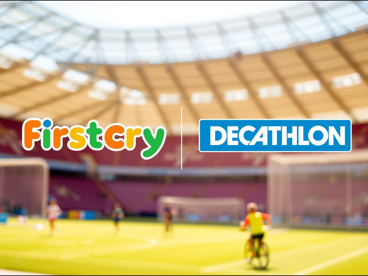 Vibrant logos of FirstCry and Decathlon integrated on a banner against a blurred sports arena background.