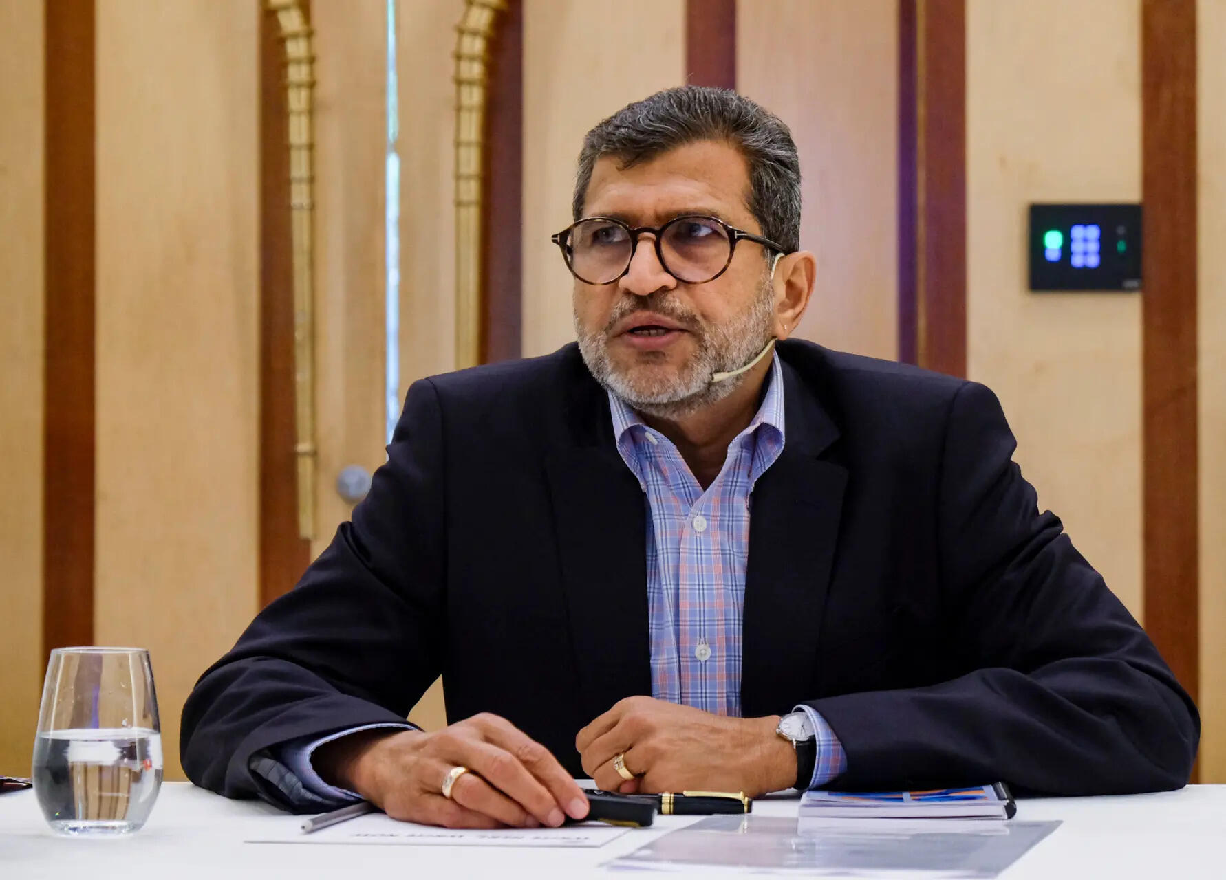 Esri India Managing Director Agendra Kumar addresses the launch of GeoSARAL, an indigenous GIS Software at Aerocity, in New Delhi.