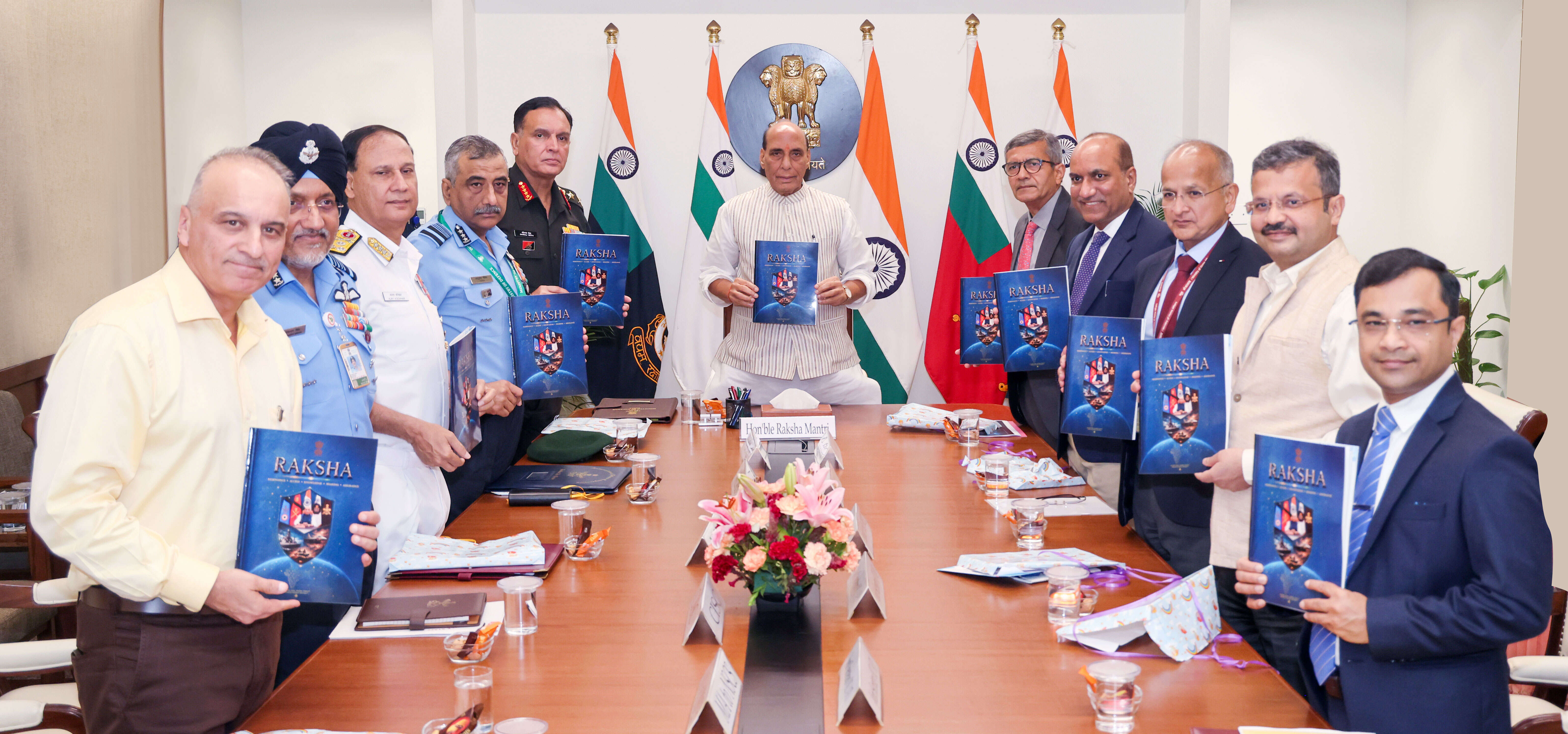 Defence Minister Rajnath Singh with senior military and government officials at the launch of the RAKSHA defence diplomacy roadmap, including Army Chief General Dhiraj Seth, Defence Secretary Rajesh Kumar Singh, Defence Production Secretary Sanjeev Kumar, MEA Secretary (East) Rudrendra Tandon, Vice Chief of the Air Staff Air Marshal Ashutosh Dixit, Vice Chief of the Naval Staff Vice Admiral Ajay Kochhar, and Chief of Integrated Defence Staff Air Marshal Tejinder Singh.