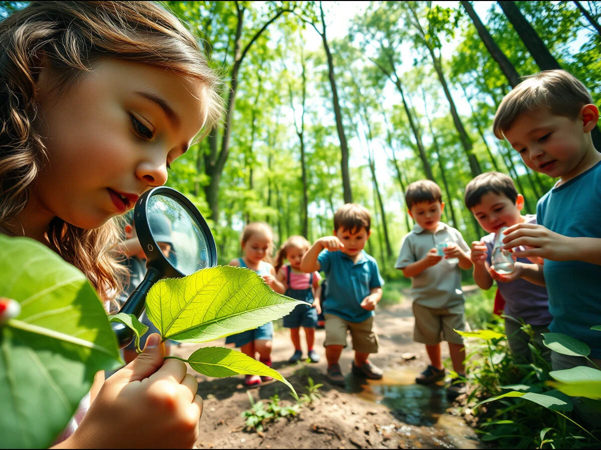 Young learners discover the outdoors, examining leaves, ants, and water in a sunlit forest.
