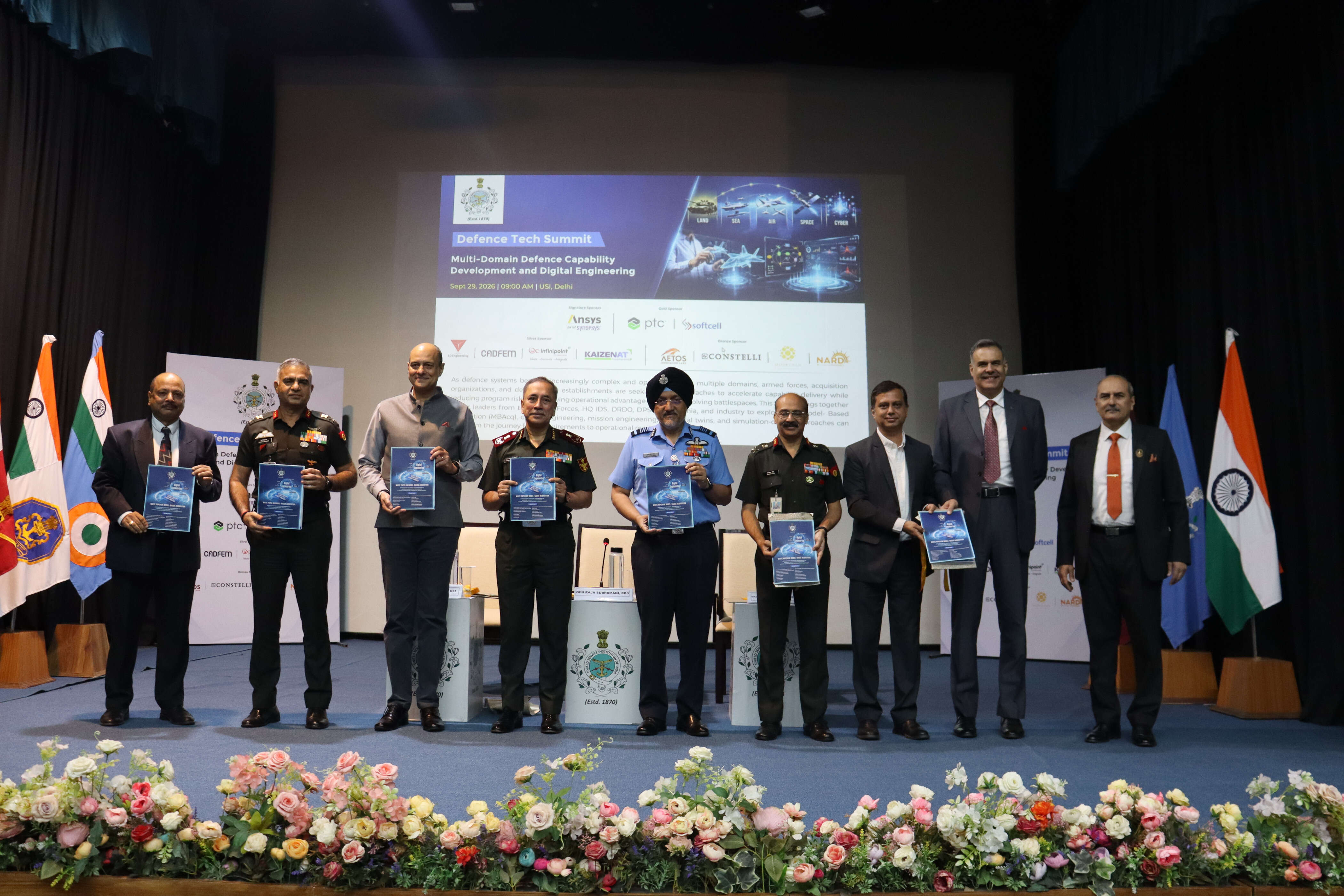 CDS General N. S. Raja Subramani; CISC Air Marshal Tejinder Singh; Vice Admiral Sanjay Jagjit Singh, DG, USI; Major General Pawan Anand, Director, CETANB, USI; Lieutenant General Harsh Chibber, DGIS; Lieutenant General Vineet Gaur, DG, Capability Development; and others during the release of the White Paper on Model-Based Acquisition at the USI Defence Tech Summit. The white paper examines the integration of digital engineering and model-based approaches into India’s defence acquisition process.
