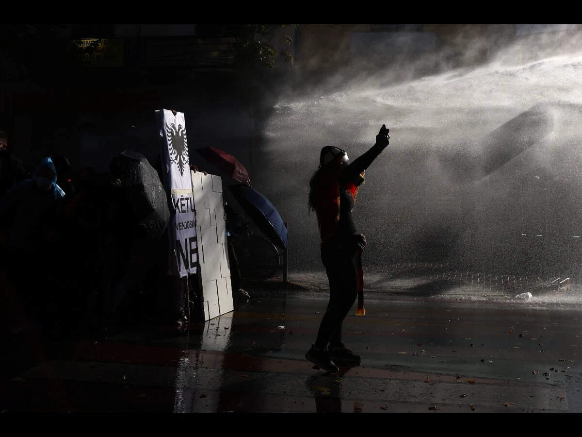 Albanian students take part in an anti-government protest in Tirana, Albania.