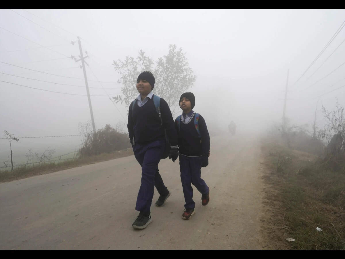 School children brave a foggy winter morning