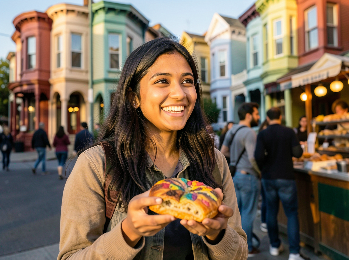 I savor a vibrant pastry in San Francisco's Mission District, surrounded by iconic Victorian homes.