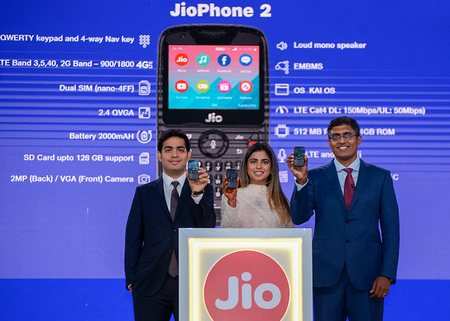 Mukesh Ambani's son and daughter Akash and Isha Ambani launch JioPhone 2 during the company's Annual General Meeting (AGM), in Mumbai on Thursday, July 05, 2018.Photo)