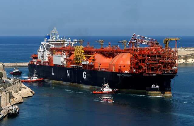An offshore LNG regasification terminal, the FSRU Toscana, at a harbour