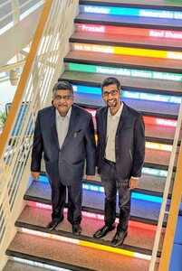 Union IT Minister Ravi Shankar Prasad poses for a photo with Google CEO Sundar Pichai at Google's headquarters in Mountain View, California on Wednesday