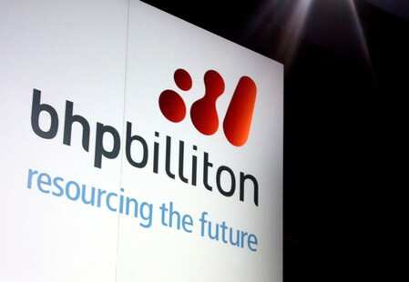 A promotional sign adorns a stage at a BHP Billiton function in Sydney, Australia