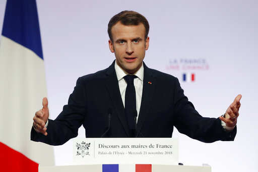 France's President Emmanuel Macron delivers a speech during a meeting with French mayors at the Elysee Palace, in Paris Wednesday, Nov. 21, 2018.Photo/Thibault Camus, Pool)