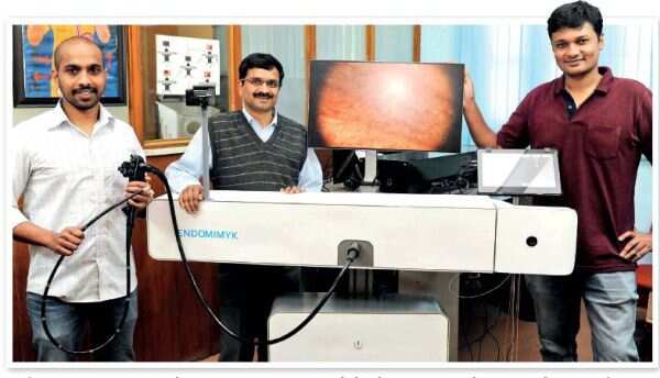 Prof GK Ananthasuresh (centre) with Shanthanu Chkaravarthy (L), Nithin Shivashankar and their Endoscopy Simulator Project at IISC Mechanical Engineering, in Bengaluru. Photo: N Narasimha Murthy