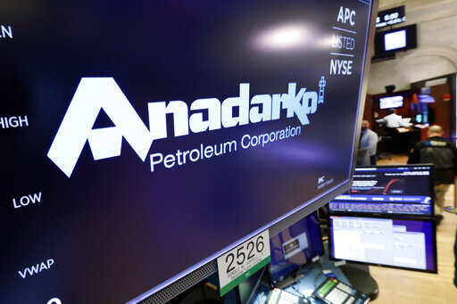 The logo for Anadarko Petroleum Corp. appears above a trading post on the floor of the New York Stock Exchange, Friday, April 12, 2019. Energy companies rallied after Chevron said it would pay $33 billion to buy rival Anadarko Petroleum.Photo/Richard Drew)