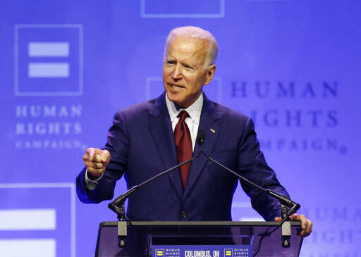 Democratic presidential candidate, former Vice President Joe Biden speaks during the Human Rights Campaign dinner at Ohio State University, Saturday, June 1, 2019, in Columbus, Ohio.Photo/Paul Vernon)