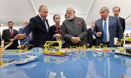 Prime Minister Narendra Modi with Russian President Vladimir Putin visits the 'Zvezda' Shipbuilding Plant on his two-day visit, at Vladivostok, in Russia. (Photo) (