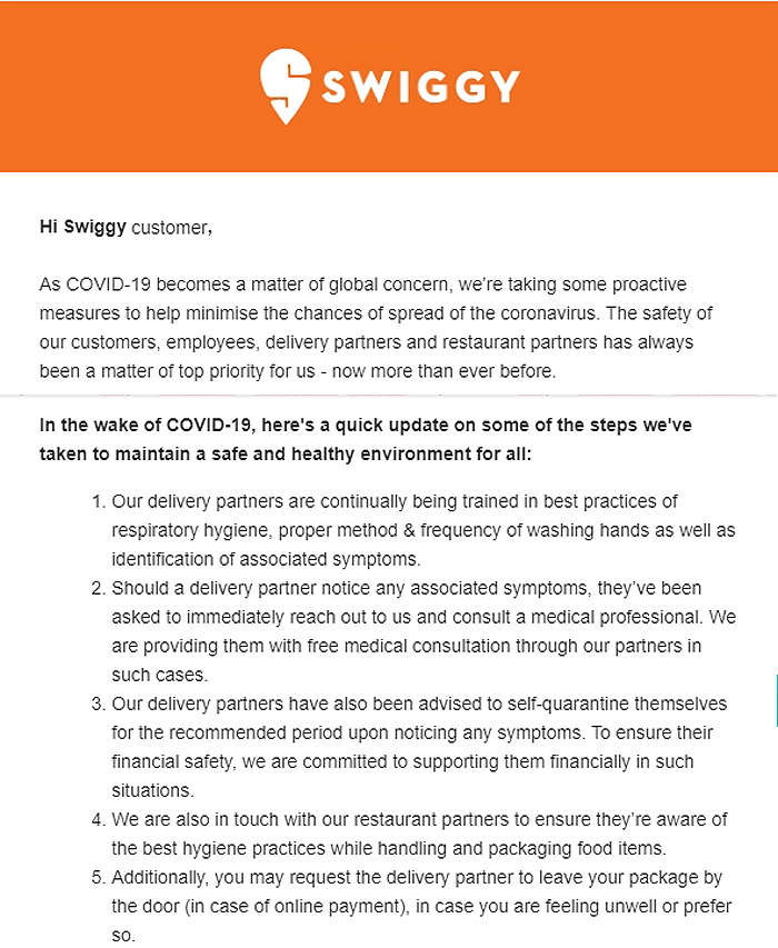 Ordering food in the time of corona: Swiggy e-mails advisory to customers; assures high standards being followed