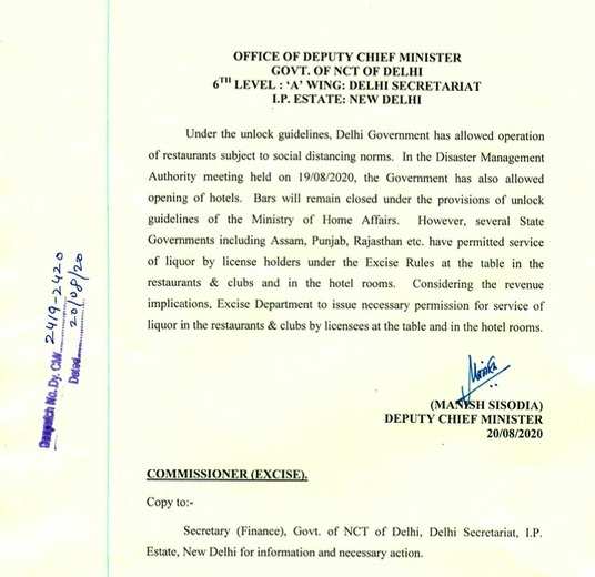 Govt order on Delhi restaurants on serving liquor