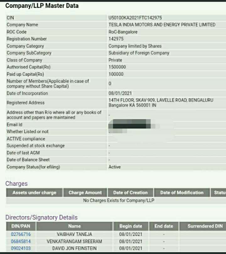 Tesla registration sheet