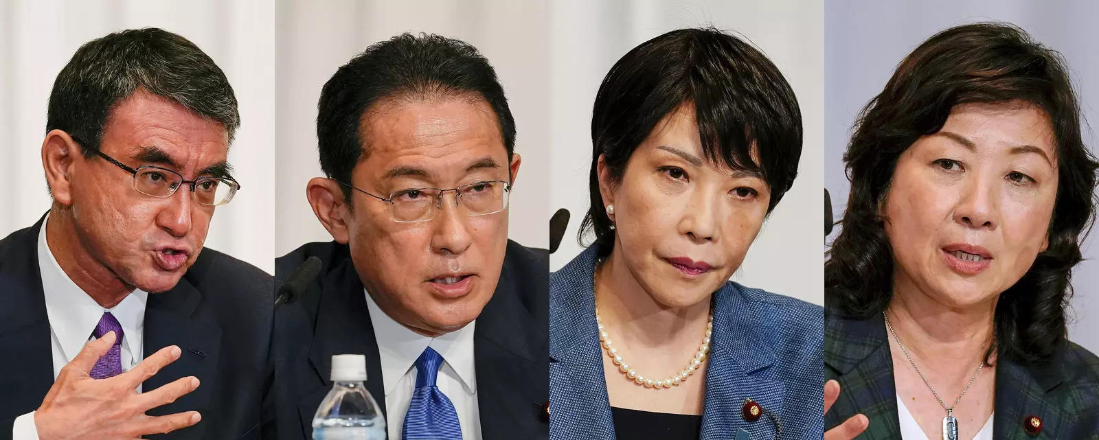 A combination of photos of candidates of the ruling Liberal Democratic Party for the upcoming presidential election speaks during a joint news conference at the party's headquarters in Tokyo, Sept. 17, 2021. The election is scheduled for Sept. 29. Contenders are left to right: Taro Kono, state minister in charge of administrative reform, Fumio Kishida, former foreign minister, Sanae Takaichi, former internal affairs minister, and Seiko Noda, former internal affairs minister. (Kimimasa Mayama/Pool Photo via AP)