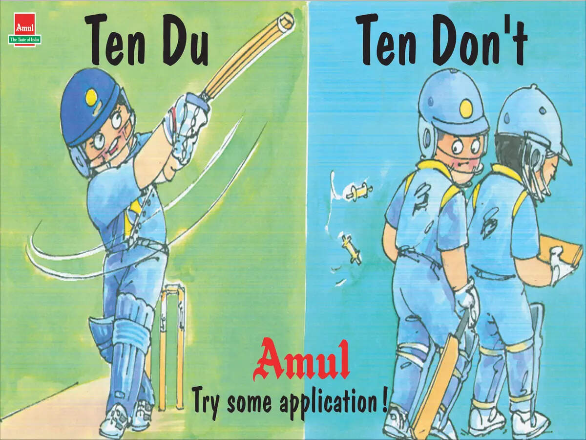 The backdrop was set in the 1996 World Cup held in India. Here, only Sachin Tendulkar (He is called 'Tendu') was scoring and the rest were unable to hit the target. The meaning was, 'Ten Do, Ten Don't. This is an original clipping.  Amul
