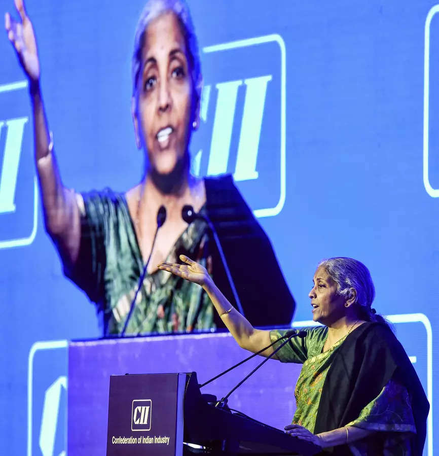 Union Finance Minister Nirmala Sitharaman addresses during the CII Global Economic Policy Summit 2021, in New Delhi. 
