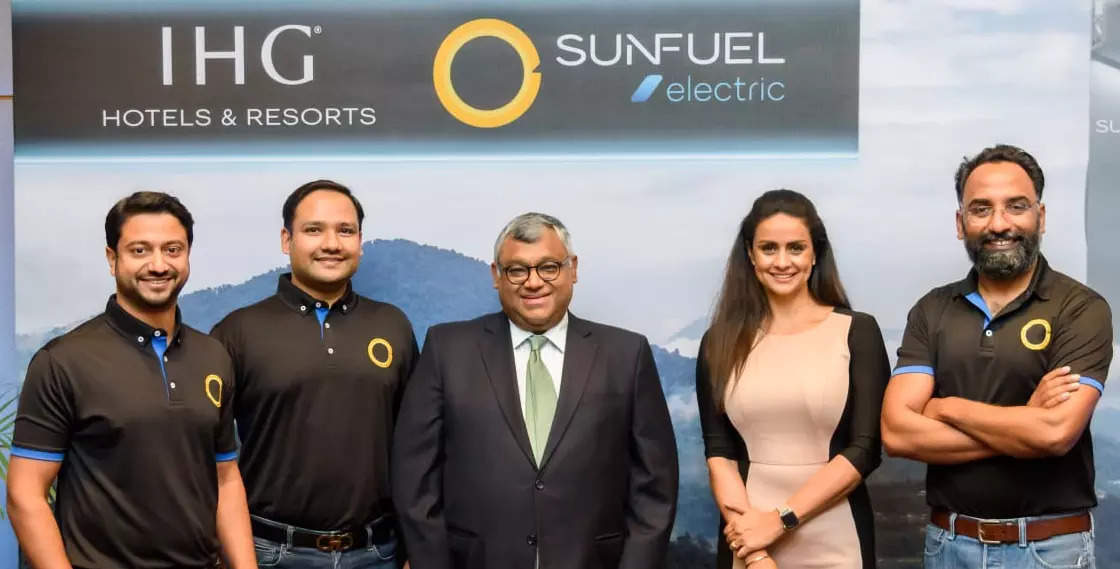 (L to R) Mathew Koshy, co-founder and managing director, SunFuel Electric; Rishabh S Mehta, co-founder and head of city charging and international expansion, SunFuel Electric; Sudeep Jain, managing director, southwest Asia, IHG Hotels & Resorts; Gul Panag, co-founder & head of partnerships and community, SunFuel Electric; and Sudhir Nayak, founder & CEO, SunFuel Electric, during the signing of the understanding between the two companies in Delhi NCR on November 23, 2021.