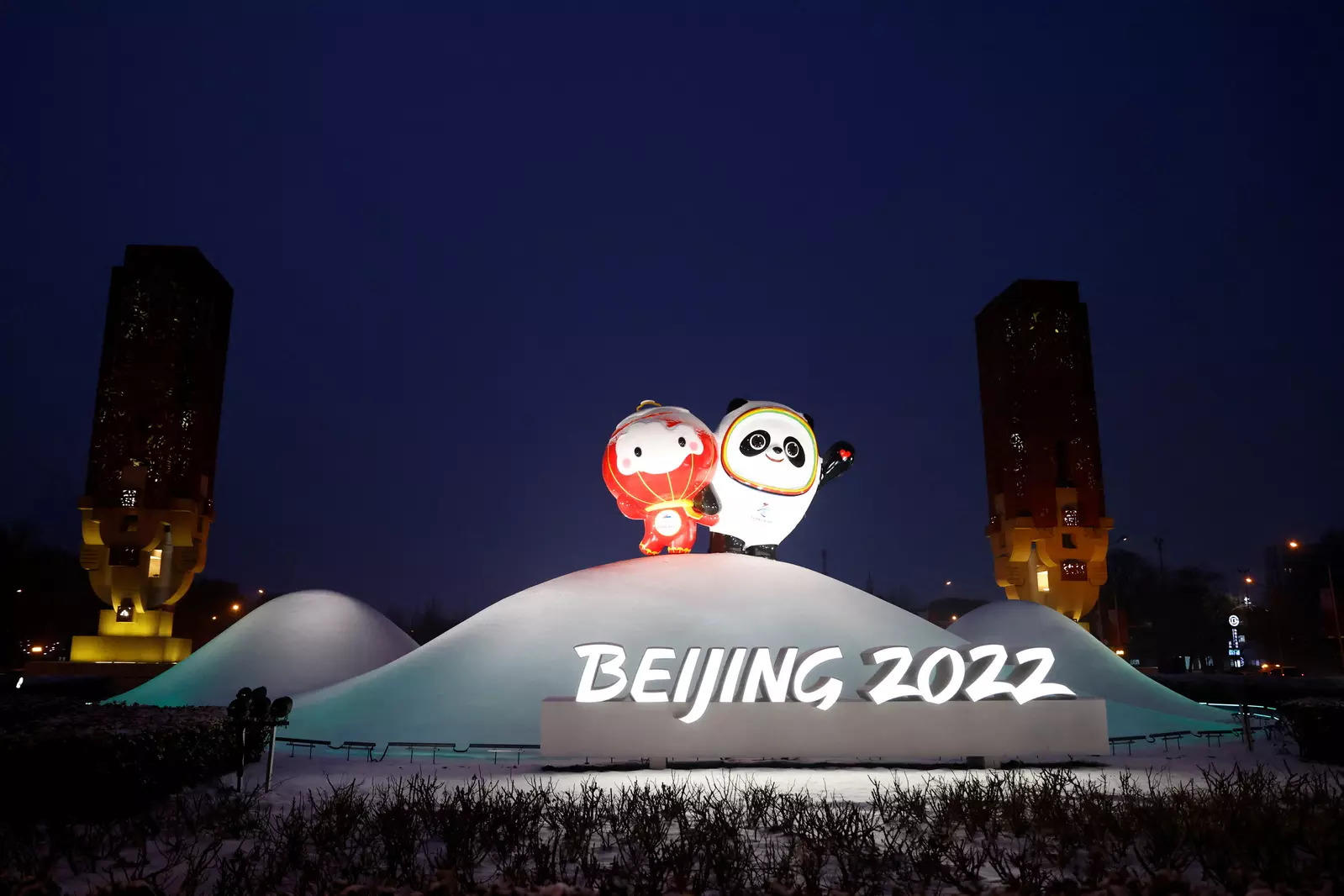   An installation featuring Bing Dwen Dwen and Shuey Rhon Rhon, mascots of the Beijing 2022 Winter Olympics and Paralympics is pictured, in Beijing, China January 22, 2022.