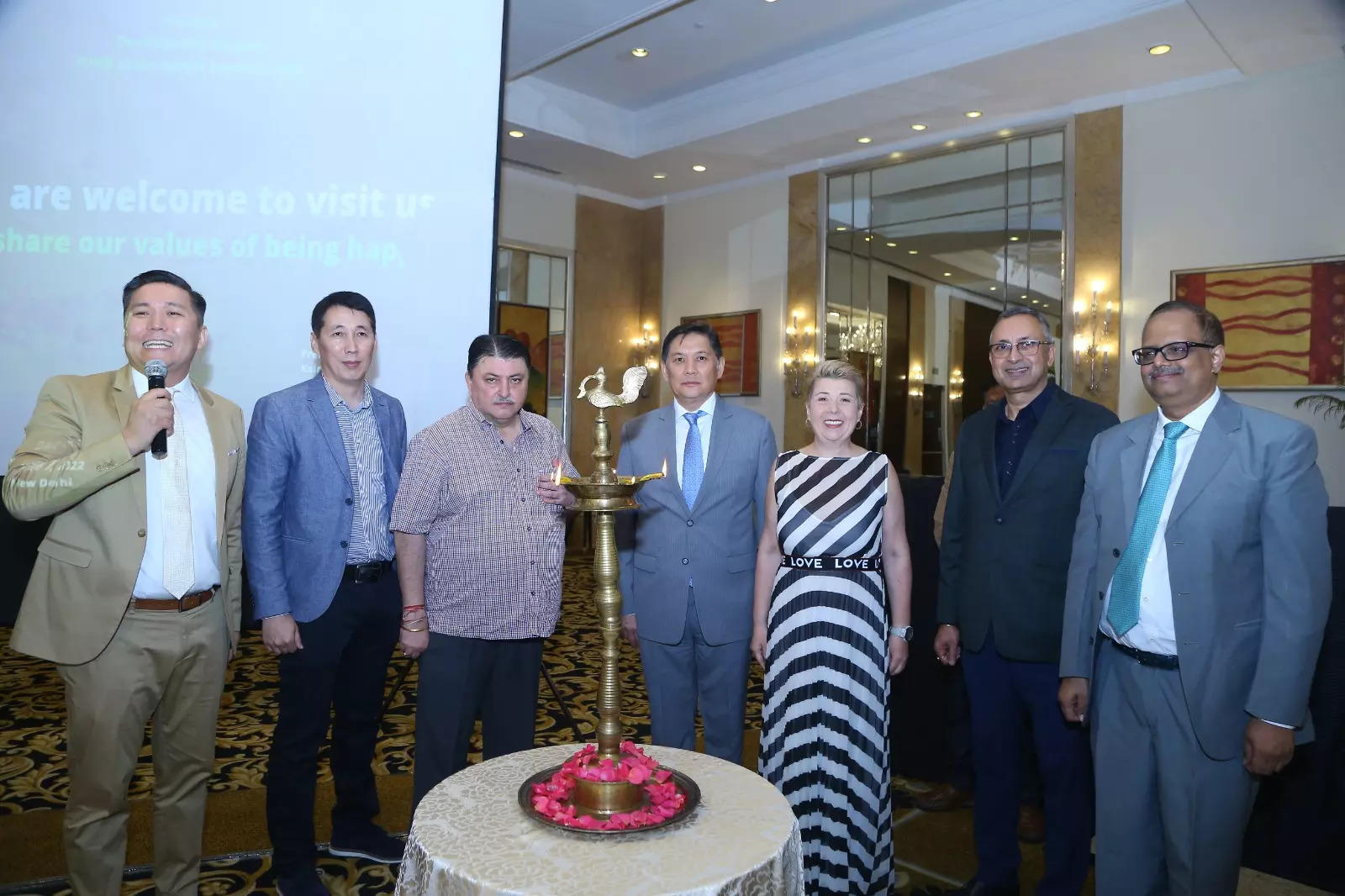  Kyrgyz Ambassador to India, Asien Isaev, and Elena Kalashnikova, President of the Tourism Development Support Fund of the Kyrgyz Republic, with other partners at the Delhi roadshow.