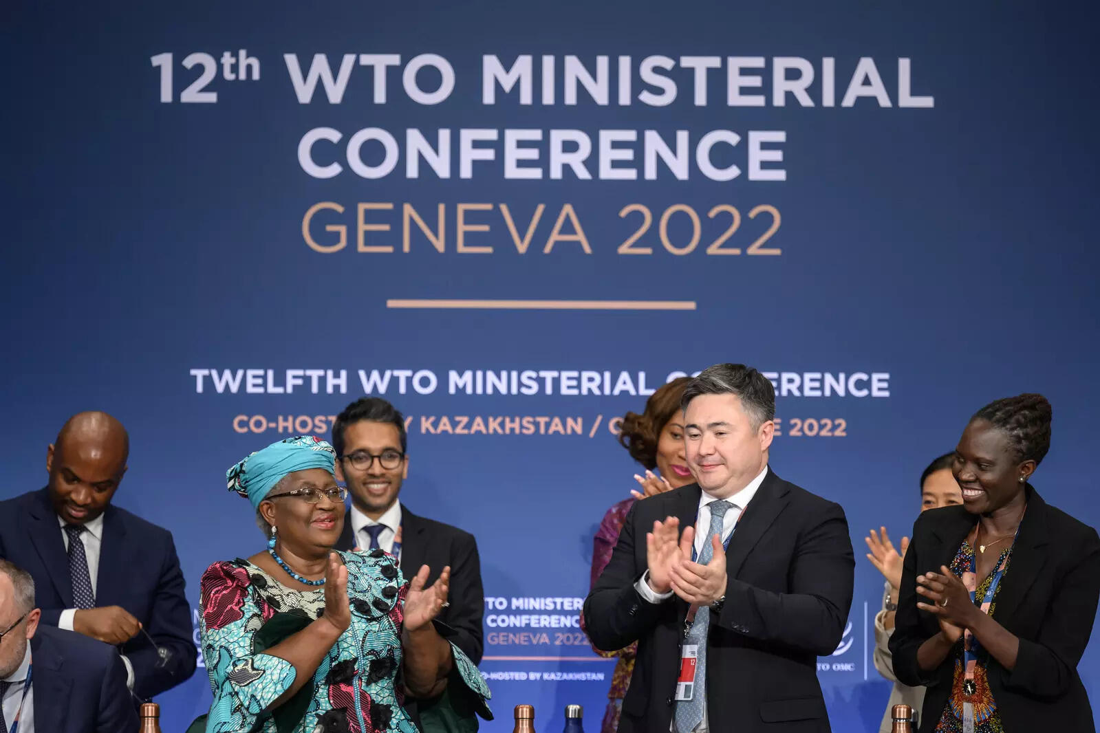  World Trade Organization Director-General Ngozi Okonjo-Iweala, front left, applause next to conference chair Timur Suleimenov, second right, after a closing session of a World Trade Organization Ministerial Conference at the WTO headquarters in Geneva early Friday, June 17, 2022. 