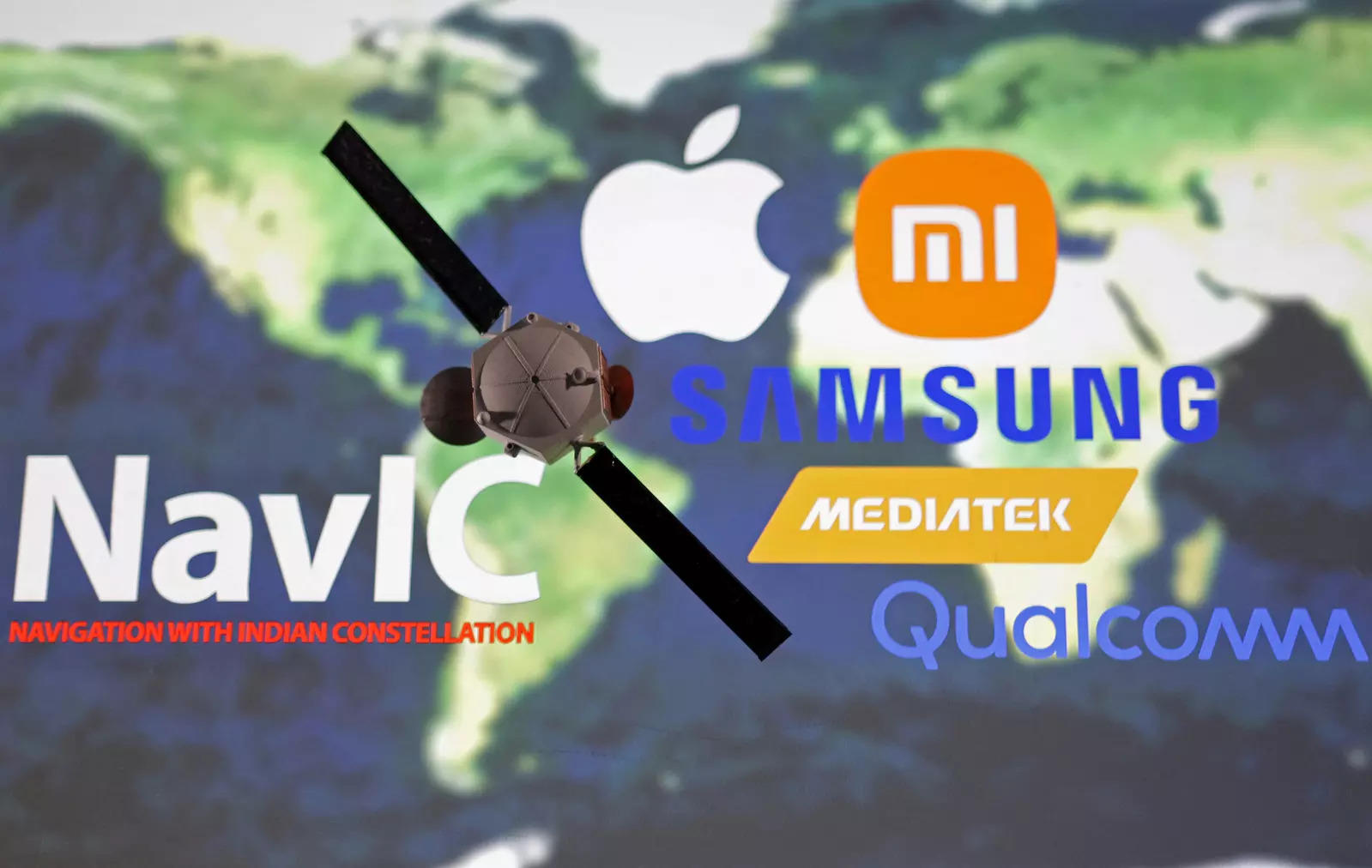  Illustration shows NavIC (Navigation with Indian Constellation), Apple, Xiaomi, Samsung, Mediatek and Qualcomm logos are seen near Satellite model placed on the map in this illustration taken, September 25, 2022. REUTERS/Dado Ruvic/Illustration