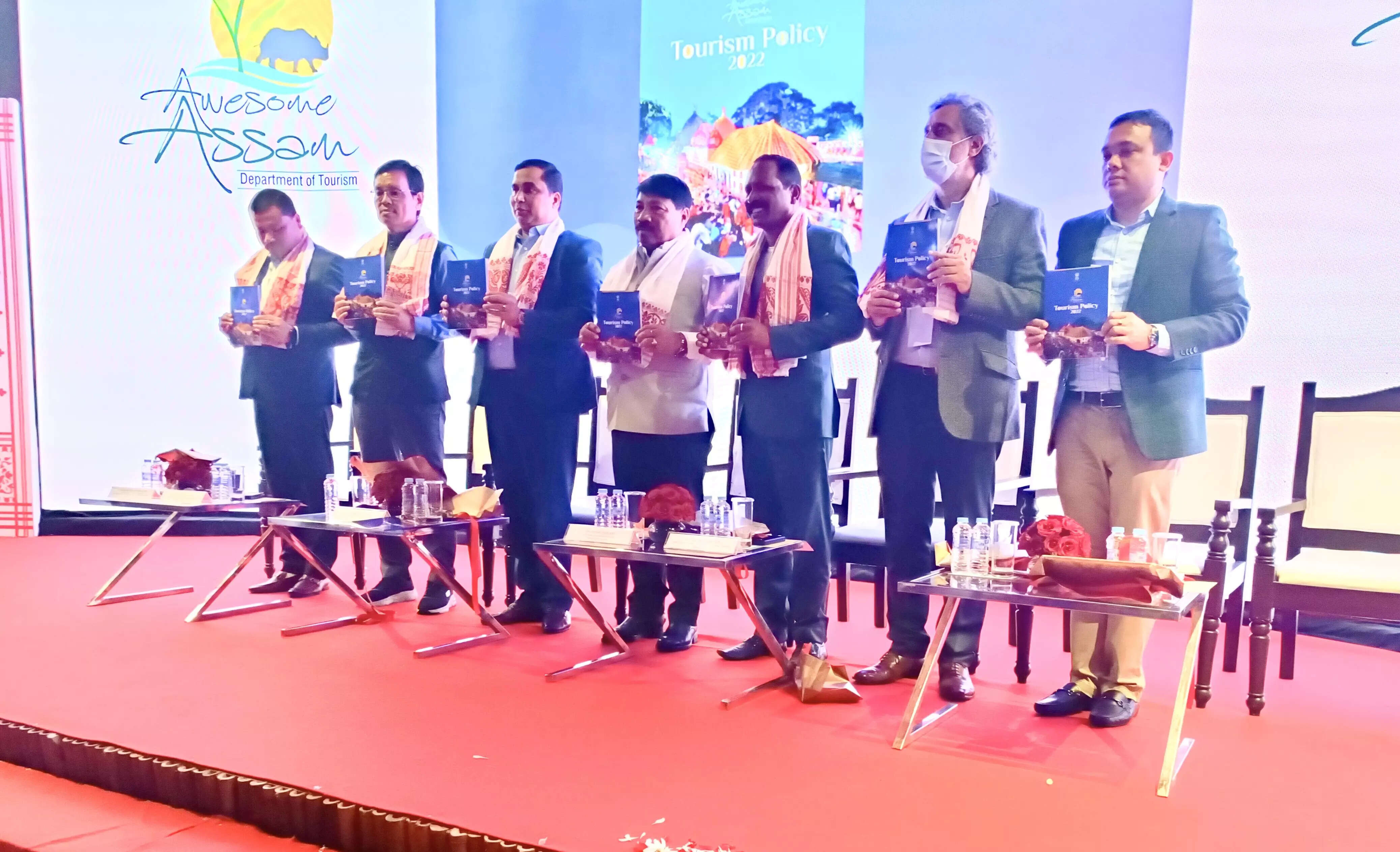 <p>The Assam Tourism Policy 2022 being formally launched in Delhi. Assam state tourism minister, Jayanta Mallabaruah (third from left) along with ministers of the Assam cabinet — agriculture minister, Atul Bora; handloom & textiles minister, Urkhao Gwra Brahma; welfare of tea tribes minister, Sanjoy Kishan; Assam's additional chief secretary, Maninder Singh; and Prabhati Thaosen, Assam's secretary - tourism, among others.</p>