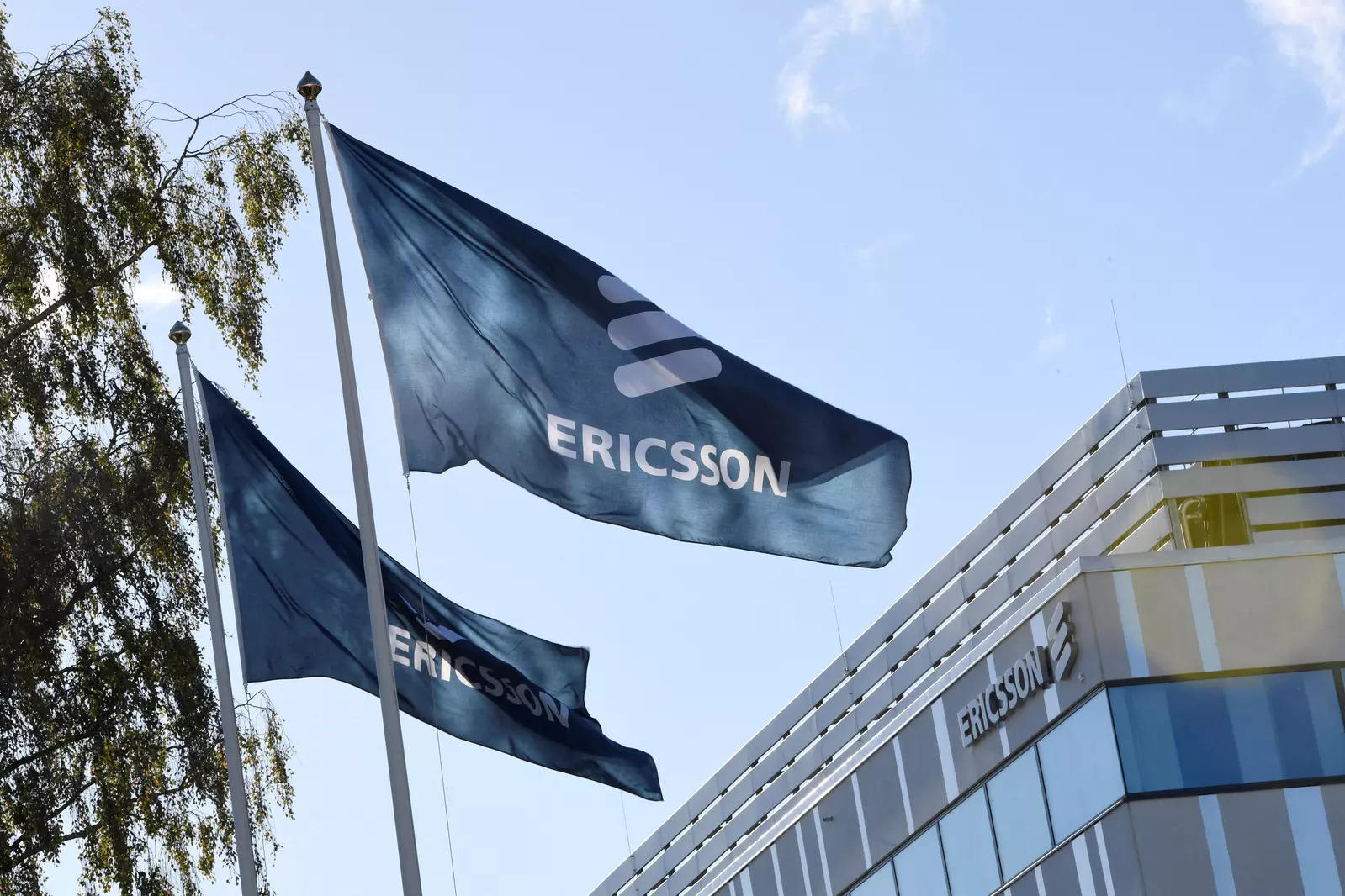  FILE PHOTO: Flags with Ericsson logo are pictured outside company's head office in Stockholm, Sweden, October 4 , 2016. TT NEWS AGENCY/Maja Suslin via REUTERS.