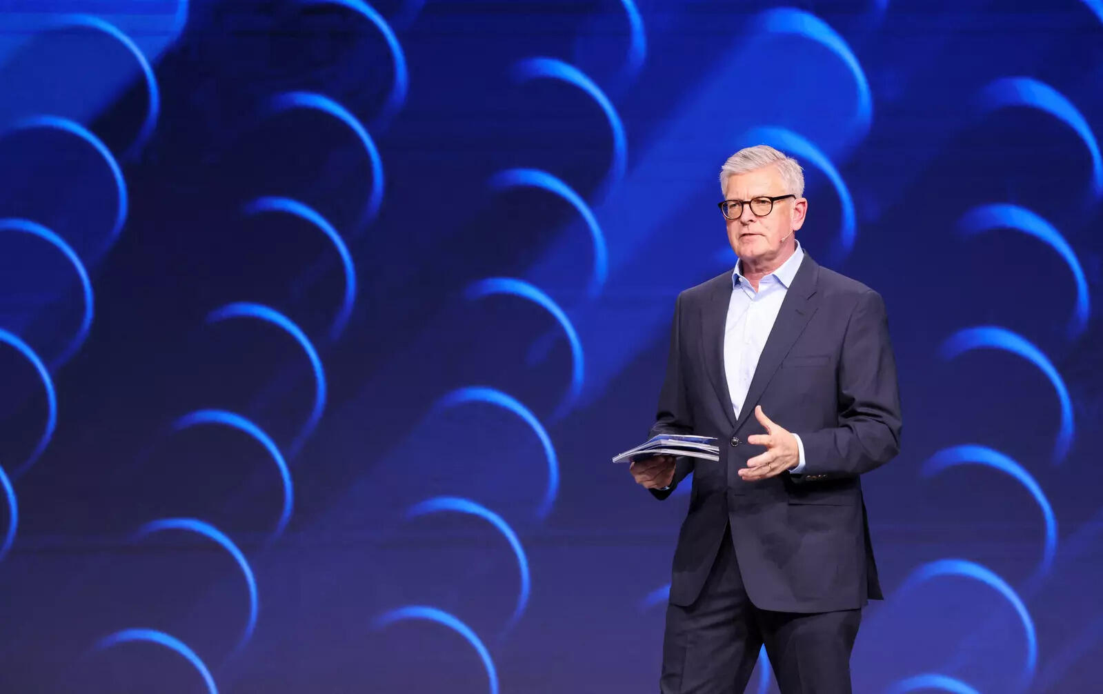  President and CEO of the Ericsson Group Borje Ekholm speaks at the 2023 Mobile World Congress (MWC) in Barcelona, Spain February 27, 2023. REUTERS/Nacho Doce