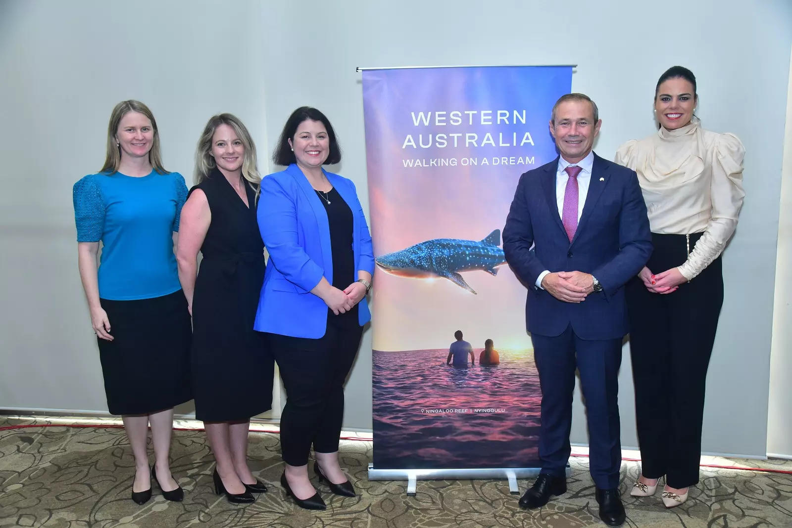 <p>(L-R): Stephanie Juszkiewicz, Senior VP Aviation Business Development, Perth Airport; Jessica Woodford, Senior Manager Aviation Marketing, Tourism Western Australia; Kate Holsgrove, Acting Chief Executive Officer, Perth Airport; Hon Roger Cook MLA, Deputy Premier; Minister for Tourism; Carolyn Turnbull, Managing Director, Tourism Western Australia<span class="redactor-invisible-space">.</span></p>