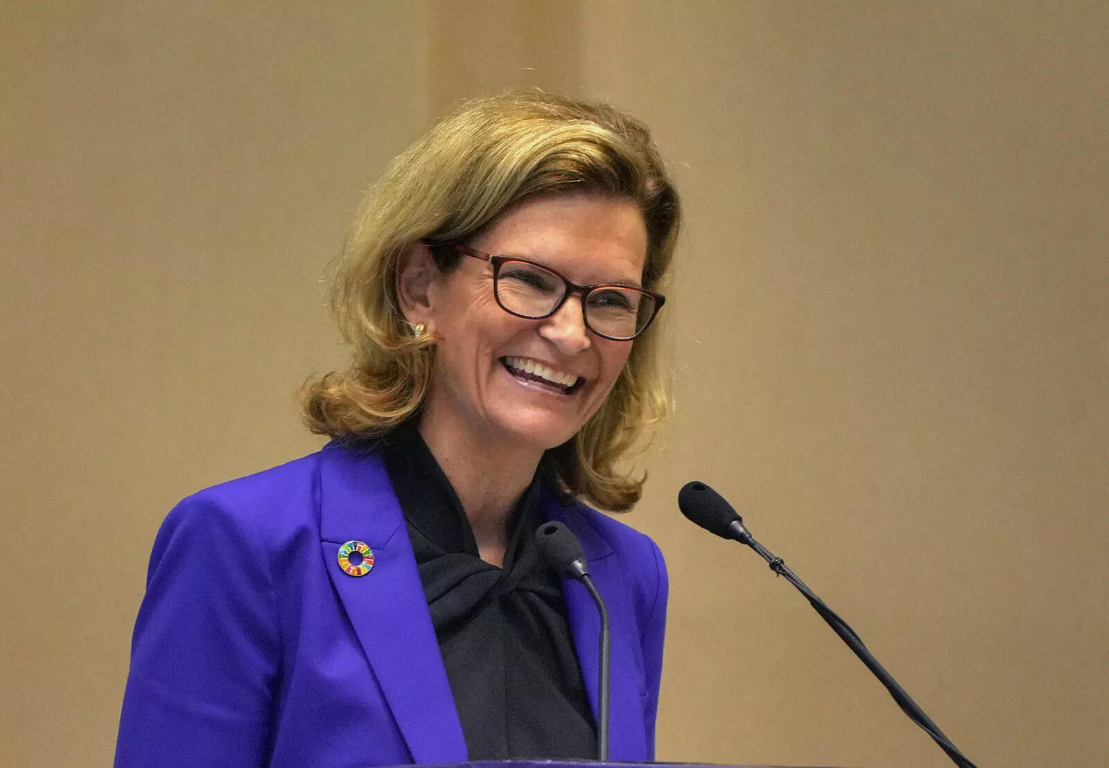  New Delhi: International Telecommunication Union Secretary-General Doreen Bogdan-Martin speaks during the inauguration of ITU Area office & Innovation Centre, in New Delhi. (PTI Photo/Atul Yadav)(