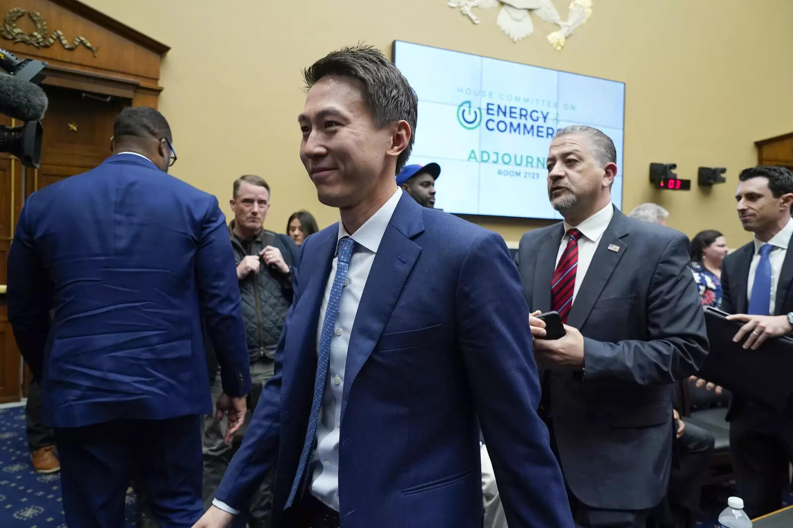  TikTok CEO Shou Zi Chew departs after testifying during a hearing of the House Energy and Commerce Committee, on the platform's consumer privacy and data security practices and impact on children, Thursday, March 23, 2023, on Capitol Hill in Washington. (AP Photo/Jacquelyn Martin)