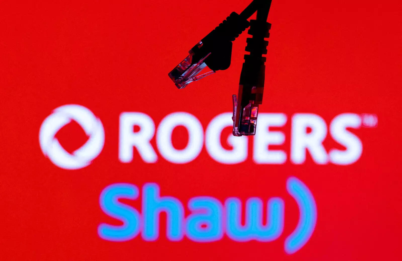  FILE PHOTO: Ethernet cables are seen in front of Rogers and Shaw Communications logos in this illustration taken, July 8, 2022. REUTERS/Dado Ruvic/Illustrations//File Photo
