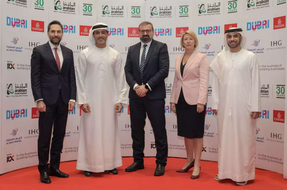 <p>From left to right: Haitham Mattar, Managing Director, IHG Hotels &amp; Resorts; Issam Kazim, CEO, Dubai Corporation for Tourism and Commerce Marketing, part of DET; Vasyl Zhygalo, Managing Director, RX Middle East / Portfolio Director WTM and IBTM, RX; Danielle Curtis, Exhibition Director for the Middle East, Arabian Travel Market; and Adnan Kazim, Chief Commercial Officer, Emirates.</p>