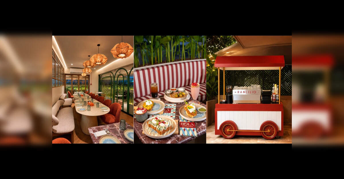 Rola's dining room, breakfast dishes and red-and-white outdoor coffee cart in Bandra.