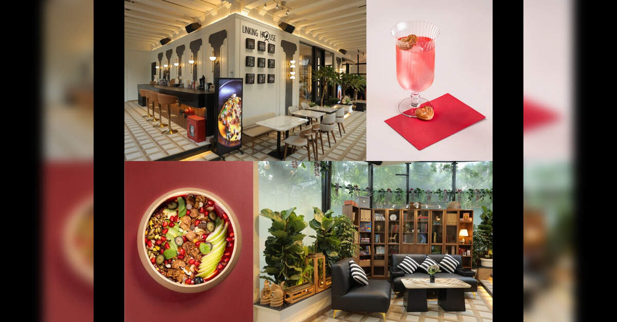 Linking House's bar and lounge seating, a pink drink and a plated salad in Santacruz West.